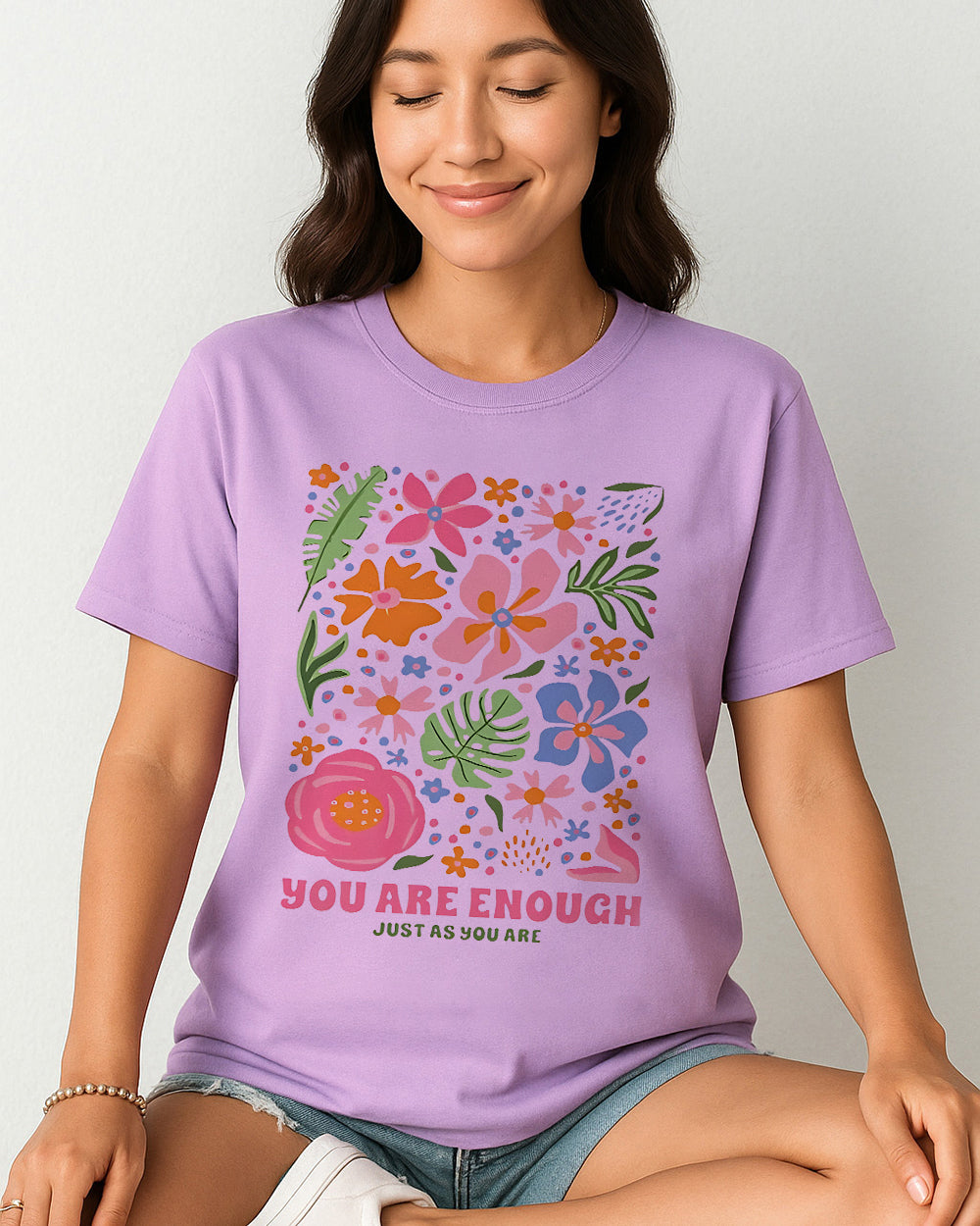 Orchid Comfort Colors 1717 shirt with mental health affirmation and floral illustration