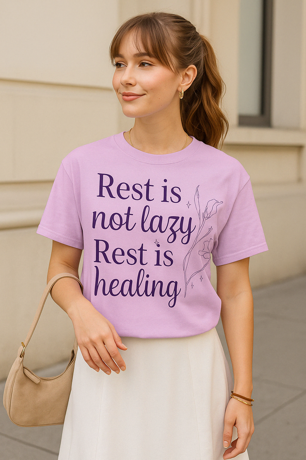 Orchid lavender Comfort Colors 1717 shirt featuring “Rest is not lazy. Rest is healing” quote, styled with soft pleated skirt.