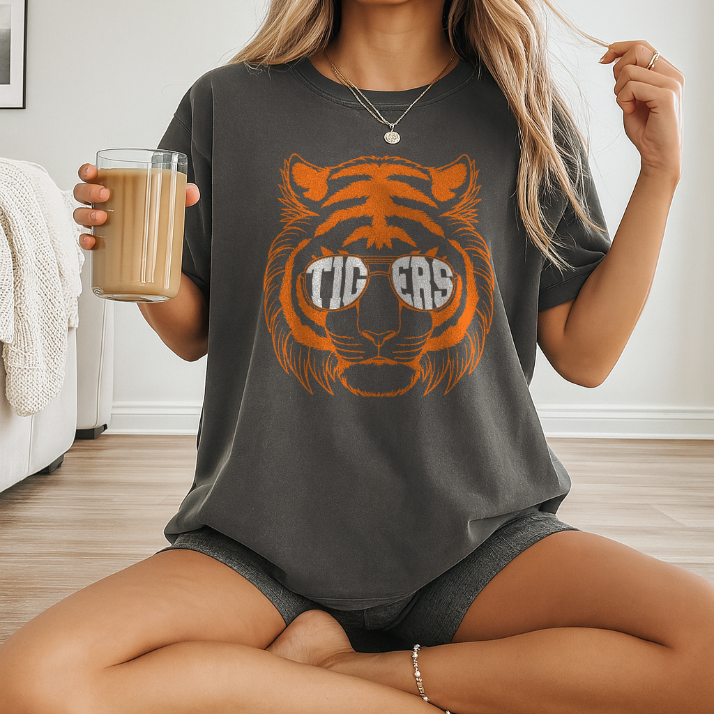 Washed Pepper Comfort Colors tee with vintage orange tiger design for college game day.