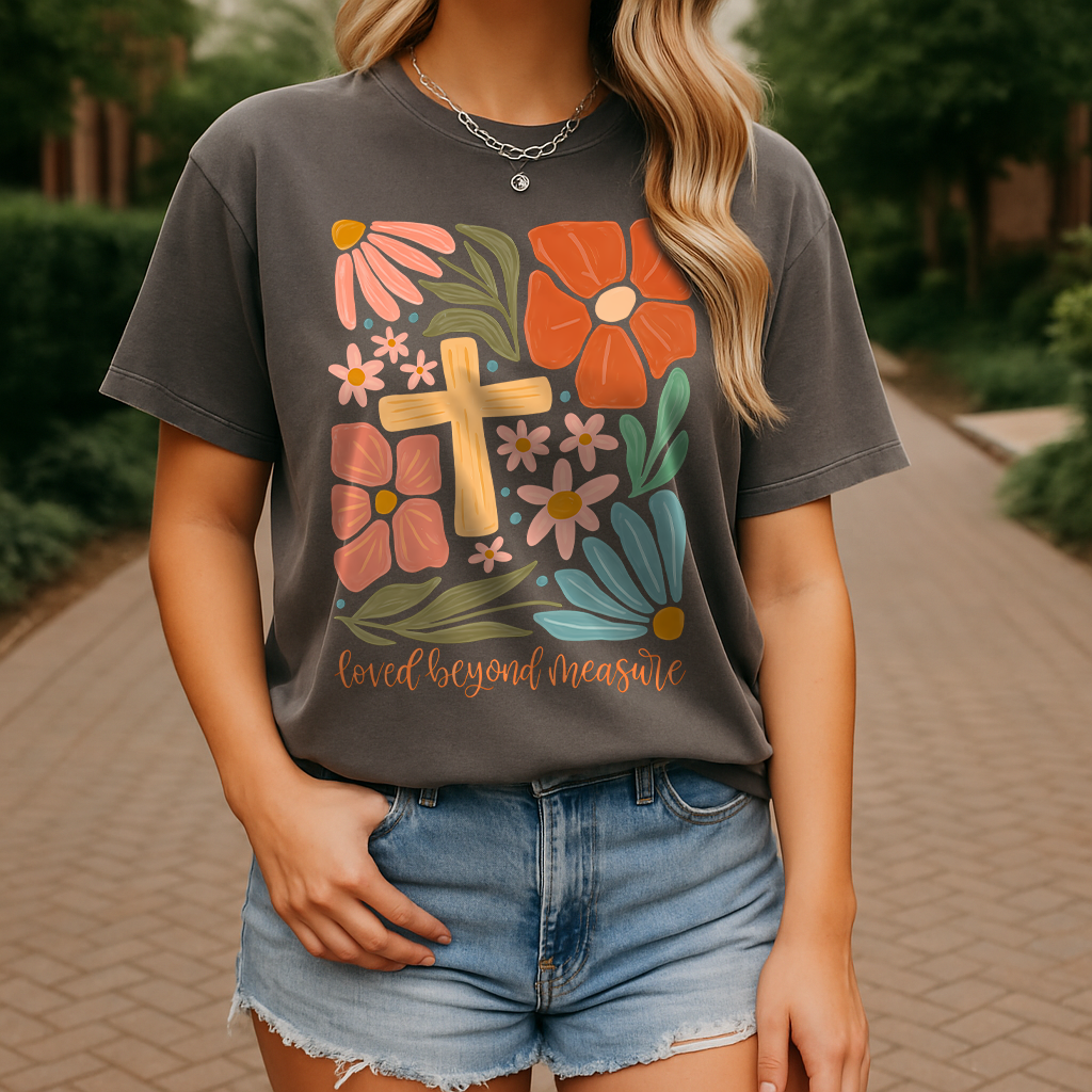 Christian Comfort Colors® Bay green tee with floral cross graphic and Bible verse quote