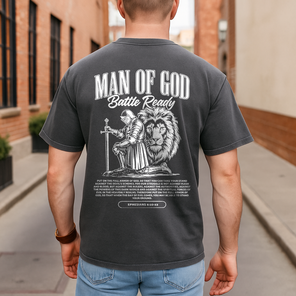 Pepper-colored Christian men's shirt with Man of God knight and lion – spiritual warrior tee