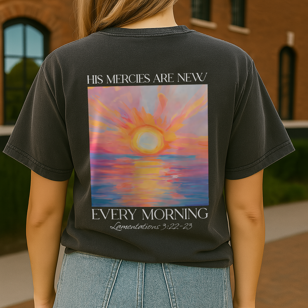 Christian Comfort Colors Shirt with sunrise and cross, Lamentations 3:22–23 verse
