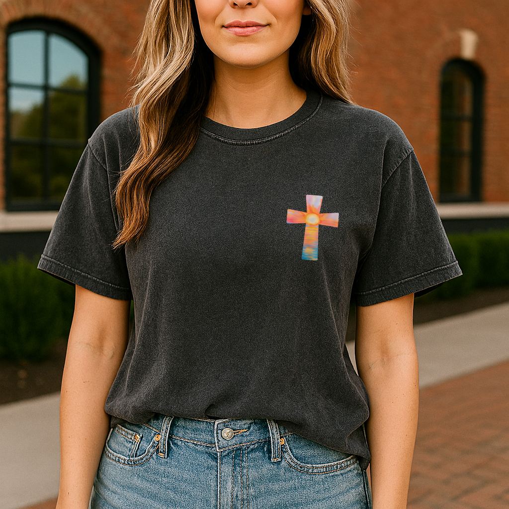 Christian Comfort Colors Shirt with sunrise and cross, Lamentations 3:22–23 verse