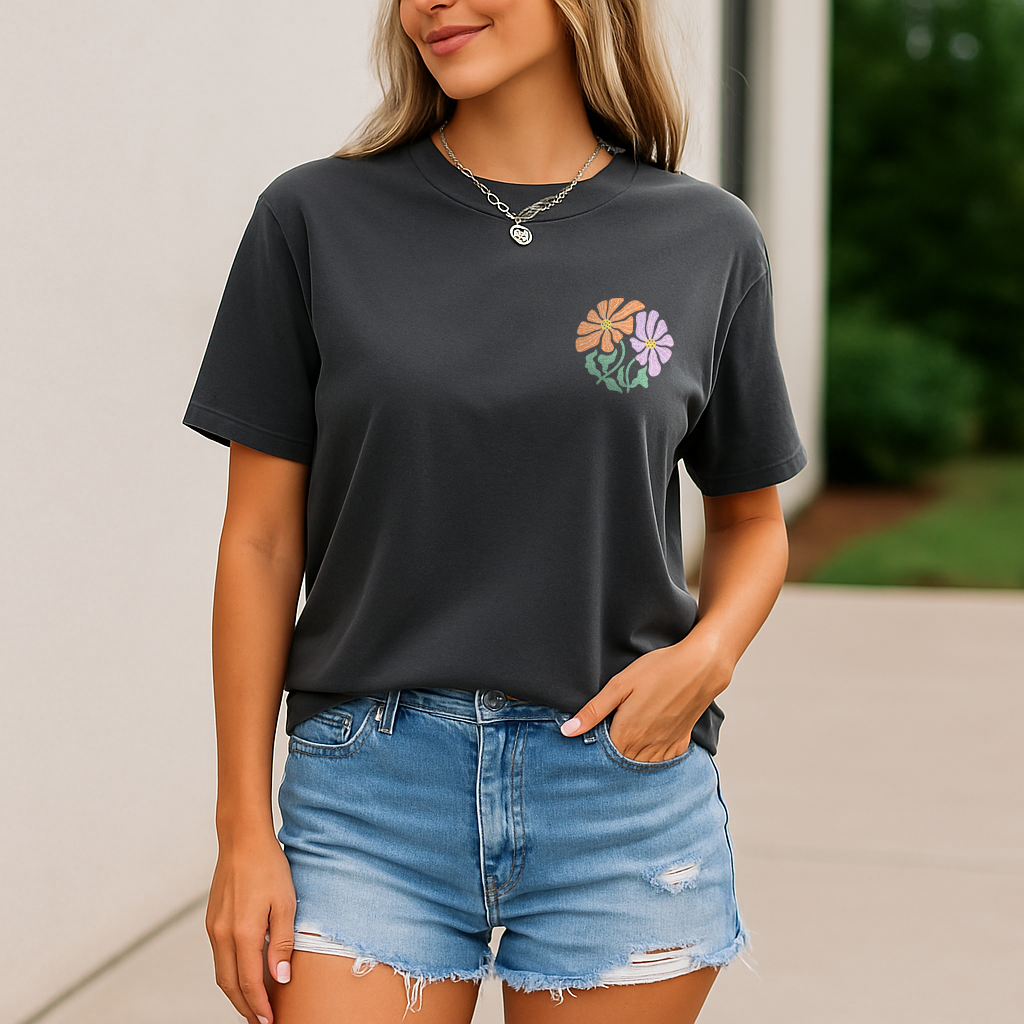 Christian Comfort Colors shirt with Psalm 136:1 verse and retro floral back print