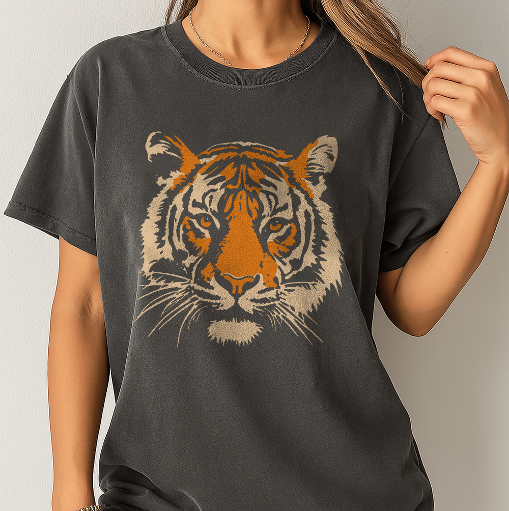 Washed Black Comfort Colors Tee with Retro Tiger Print