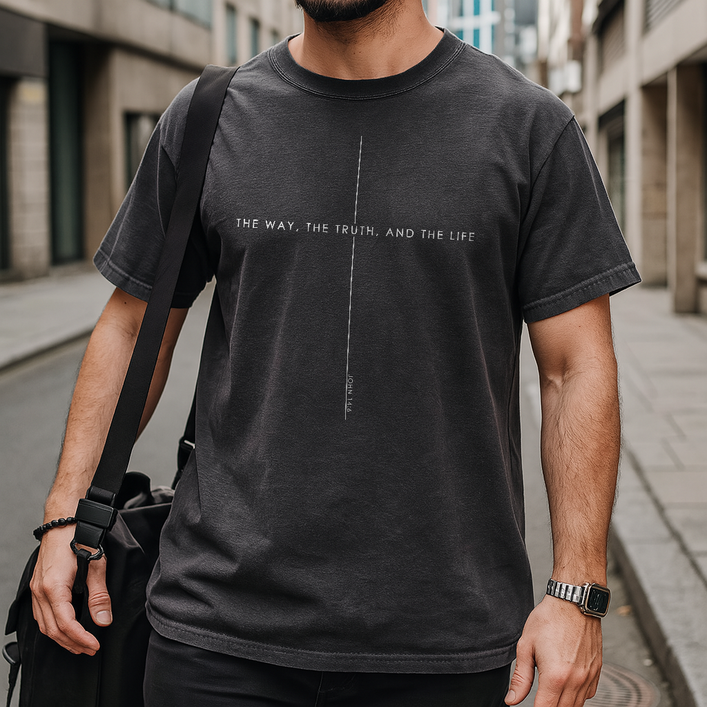 Pepper-colored Jesus is King shirt with John 14:6 scripture graphic