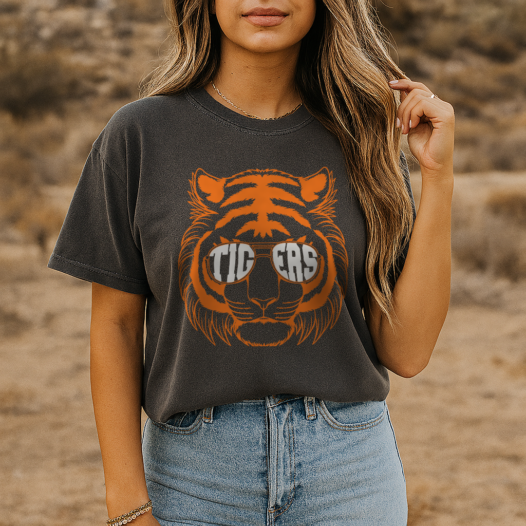 Washed Pepper Comfort Colors tee with vintage orange tiger design for college game day