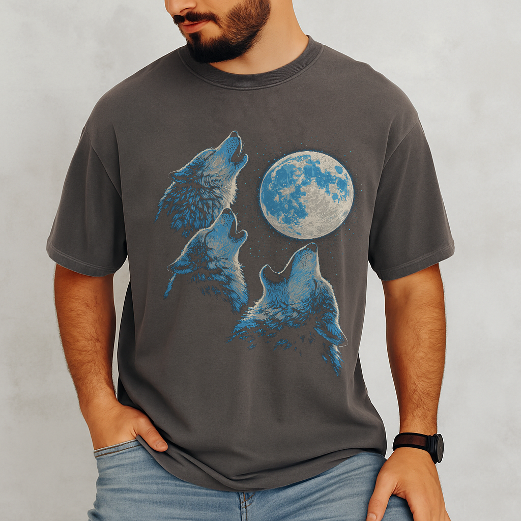 Pepper grey Comfort Colors t-shirt with three howling wolves and moon artwork