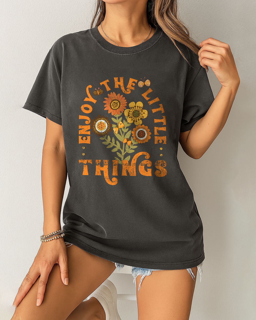 Pepper Comfort Colors 1717 shirt with bold sunflower “Enjoy The Little Things” design