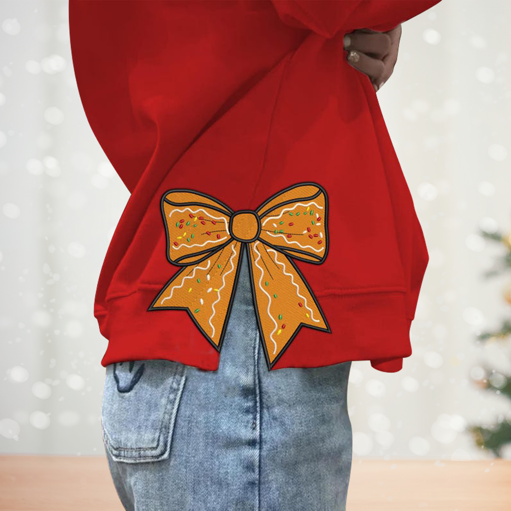 Side Bow Appliqué Christmas Sweatshirt | Festive Embroidery Design for Holiday Cheer