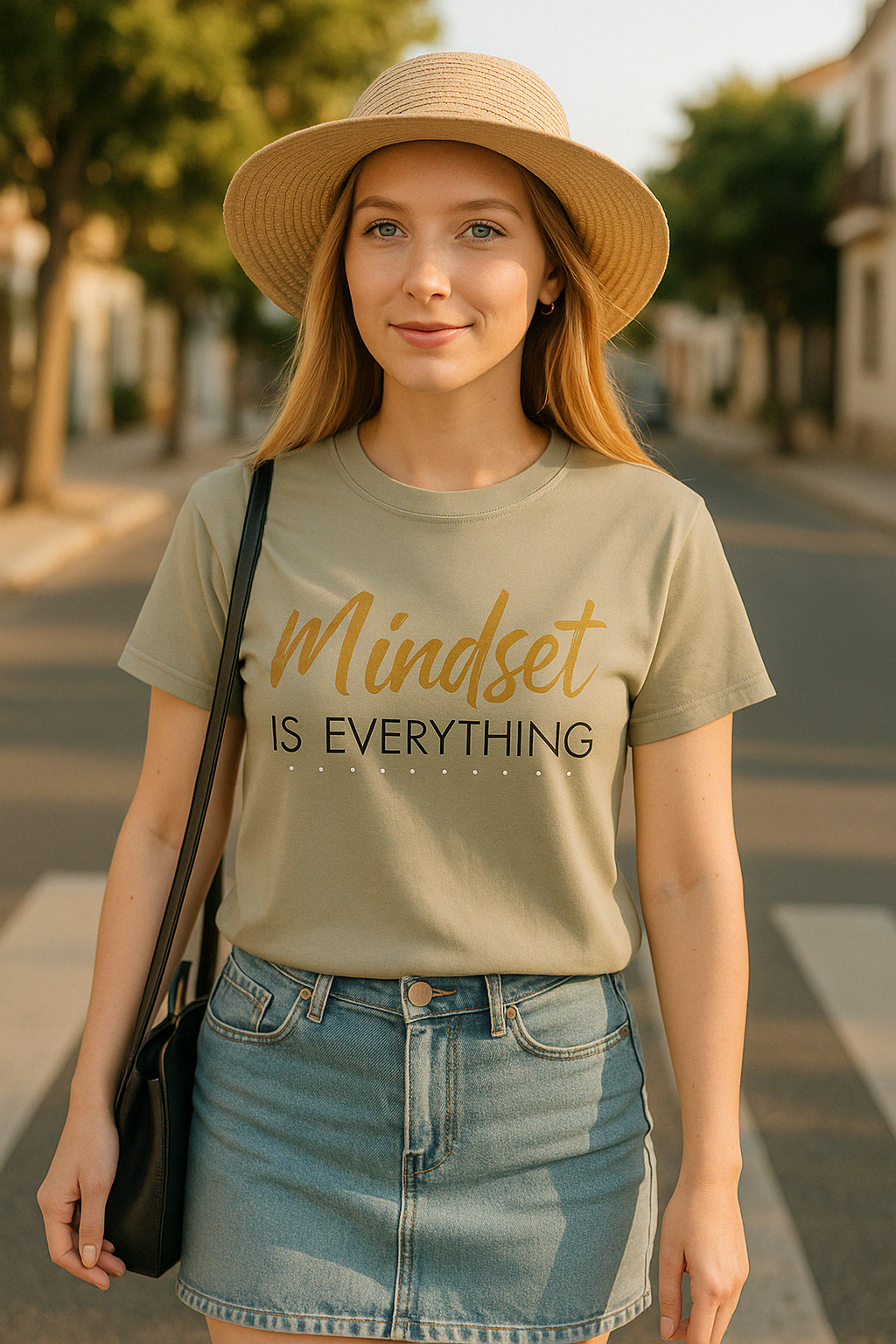 Sandstone Comfort Colors tee with motivational “Mindset Is Everything” message. Worn with hat and skirt in natural golden hour setting.