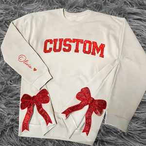 Comfortable, soft Christmas sweatshirt with glitter Merry embroidery and coquette bow applique