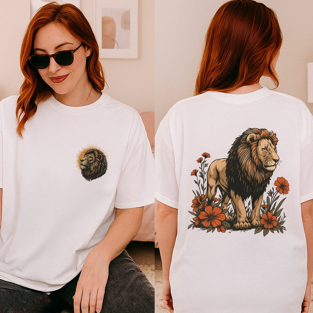 Bright white lion floral shirt with strong contrast print