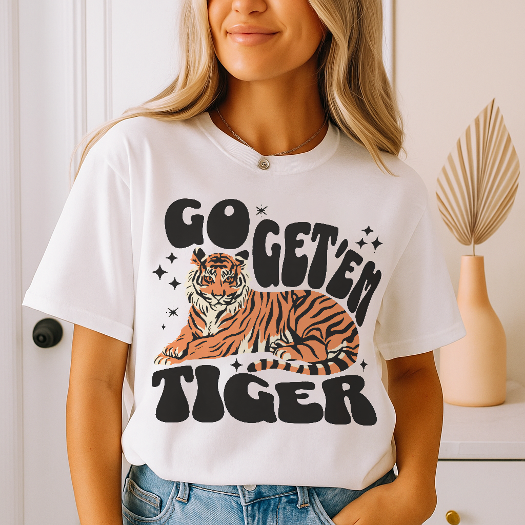 Go Get 'Em Tiger t-shirt in classic White – clean bright canvas for the colorful tiger graphic and playful groovy font, ideal for a fresh and timeless aesthetic.