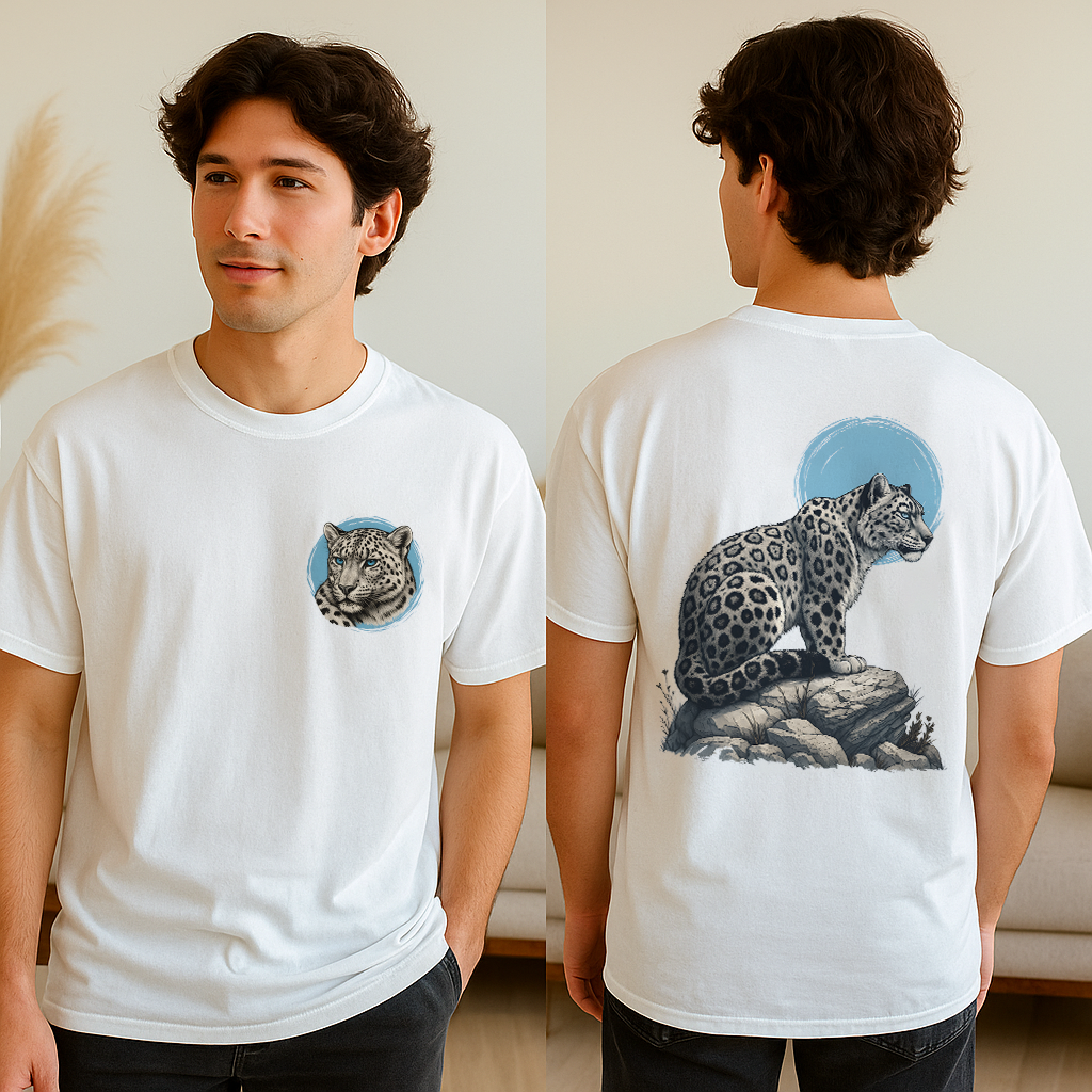 Crisp white tee with snow leopard design — front emblem + full back print
