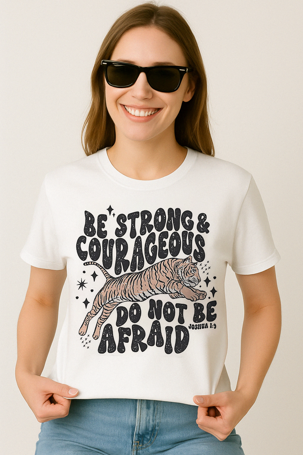 White Comfort Colors t-shirt with “Be Strong & Courageous” scripture and tiger design. Worn with sunglasses and relaxed denim.