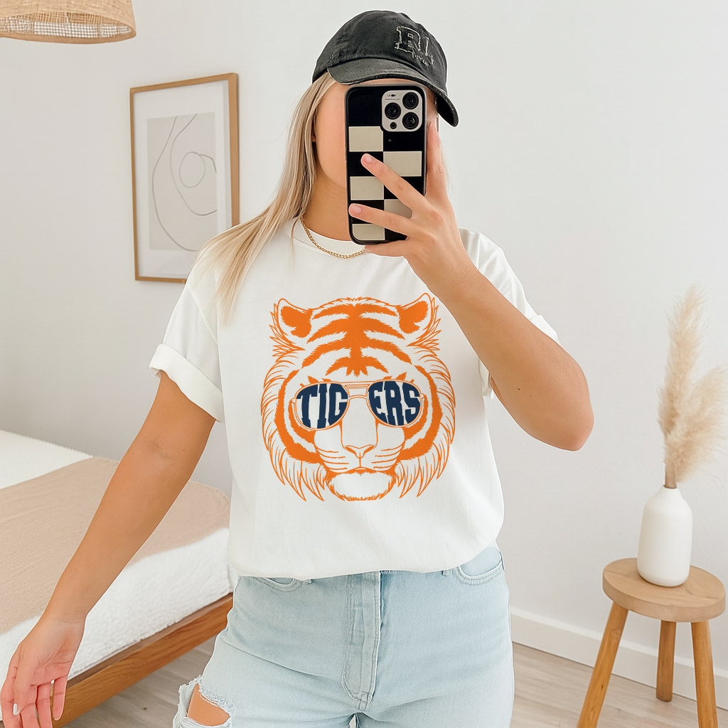 Washed Pepper Comfort Colors tee with vintage orange tiger design for college game day