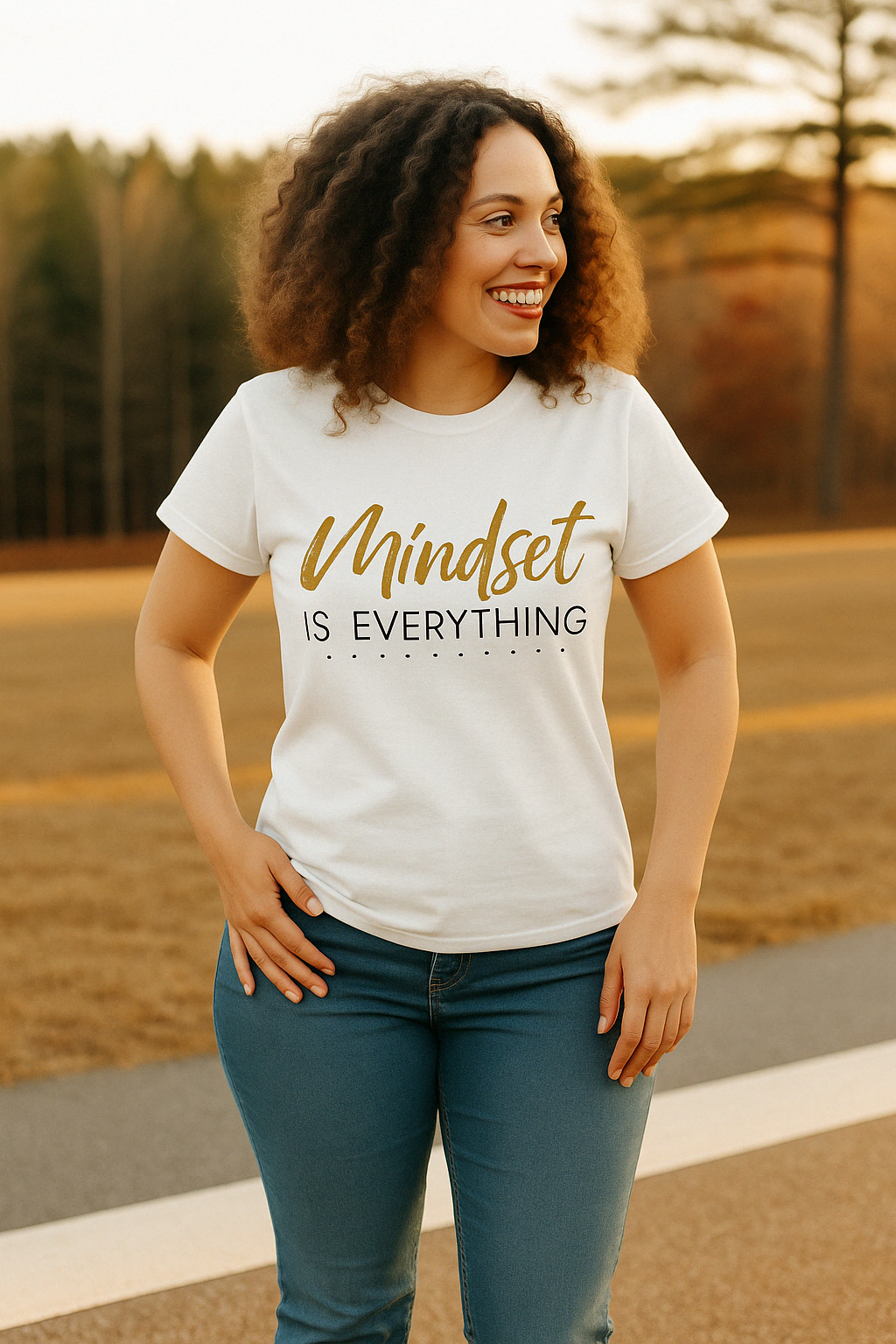 White Comfort Colors shirt featuring gold & black typography “Mindset Is Everything.” Worn casually with jeans in sunset light.