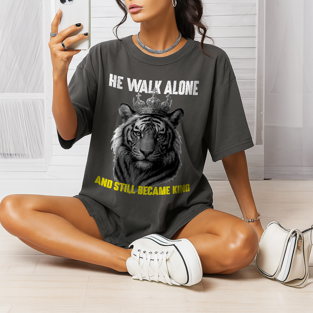 He Walk Alone King Tee, Vintage Comfort Colors 1717 Graphic Tiger Shirt for Men & Women, Bold Comfort Color Shirt for Alpha Vibes