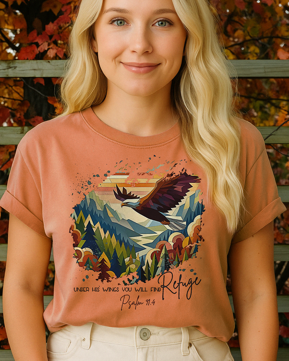 Yam Comfort Colors shirt with vivid eagle and Psalm 91:4 scripture design. Warm earthy tone perfect for nature lovers and faith-filled moments.