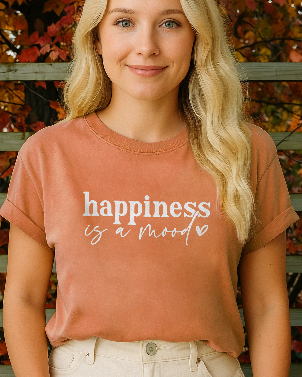 Yam Comfort Colors 1717 shirt with handwritten “Happiness Is A Mood” quote, self-love tee