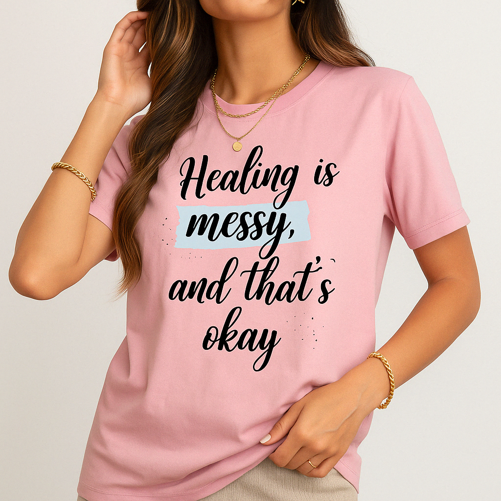 Pink Comfort Colors t-shirt with “Healing is messy and that’s okay” quote. Mental health tee worn by woman with gold accessories.