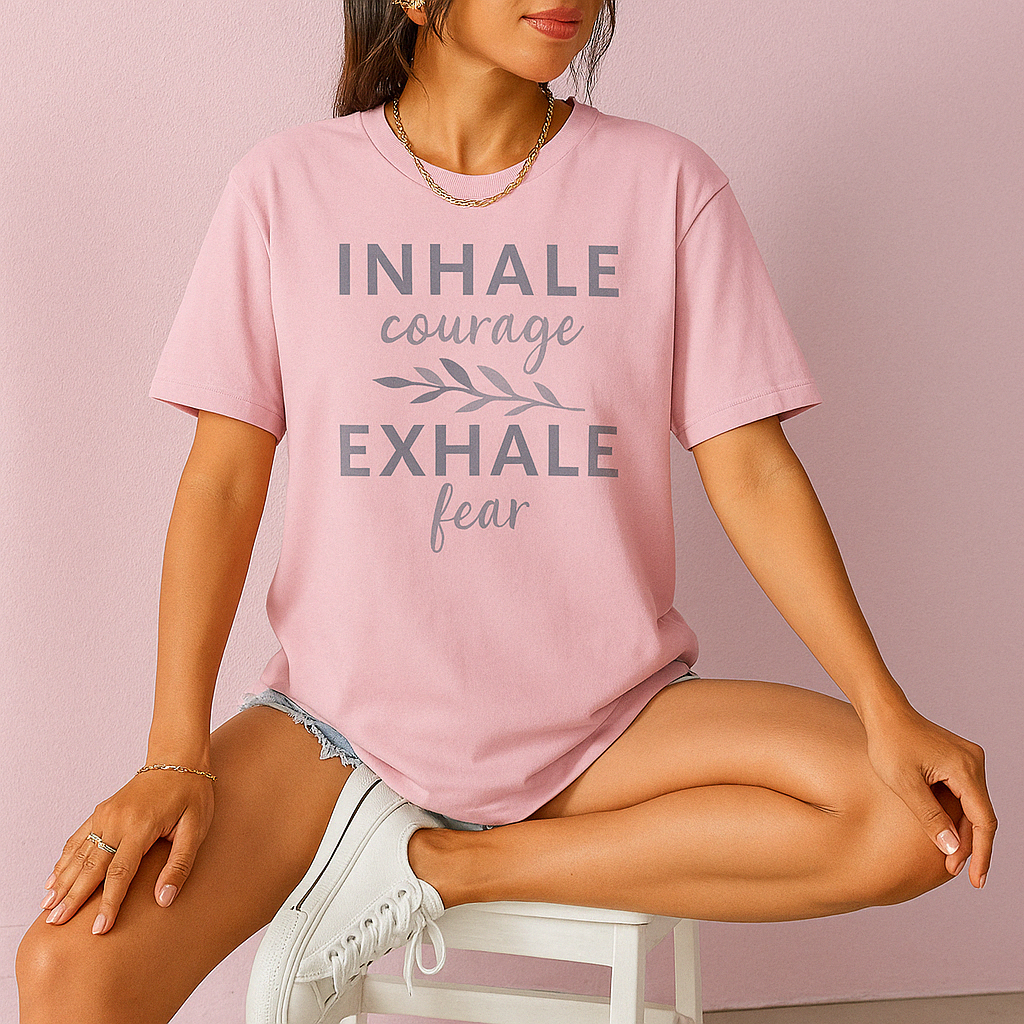 Yam Comfort Colors shirt with healing affirmation and leaf graphic. Worn in vibrant setting, soft light for bold mood.