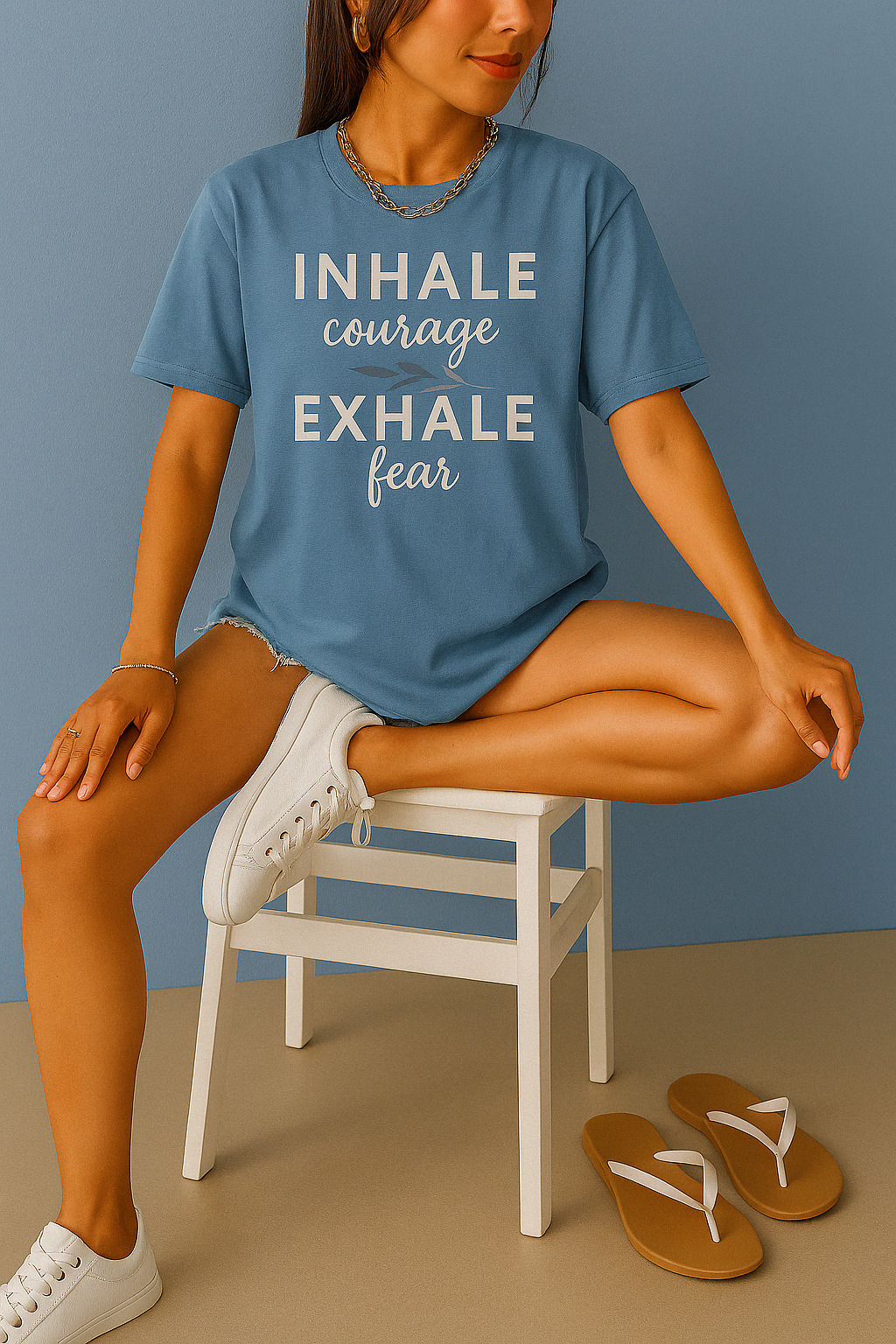 Blue Jean Comfort Colors shirt with calming typography and courage mantra. Worn by woman sitting on white stool, clean backdrop.