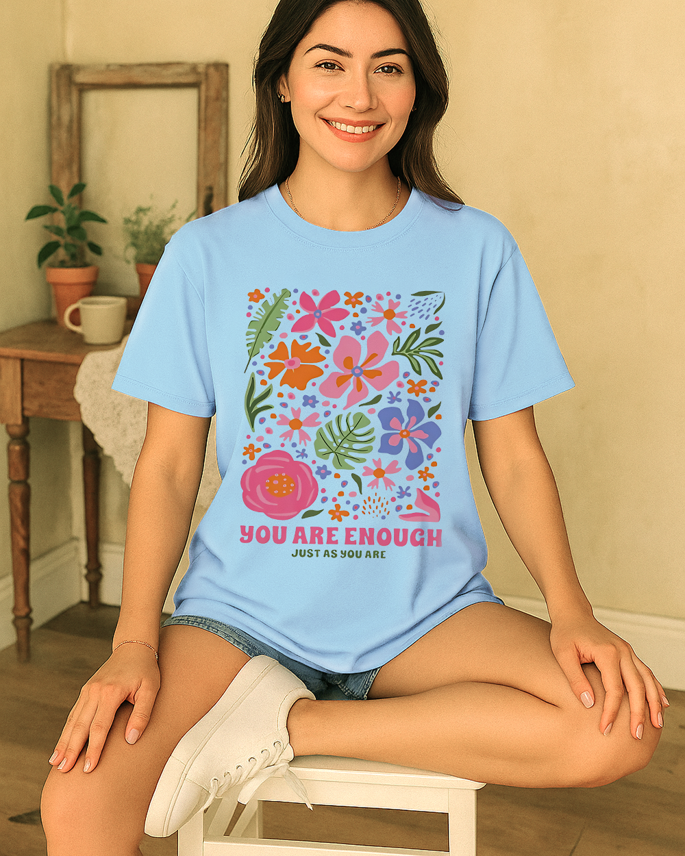 Chambray Comfort Colors 1717 shirt with uplifting floral design and self-worth quote