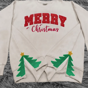 Merry Christmas Embroidered Sweatshirt with side bow cut-out and glitter details