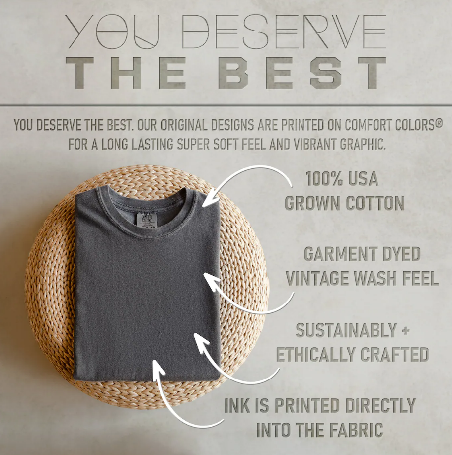 Gray t-shirt on a woven basket with text about fabric quality and sustainability.