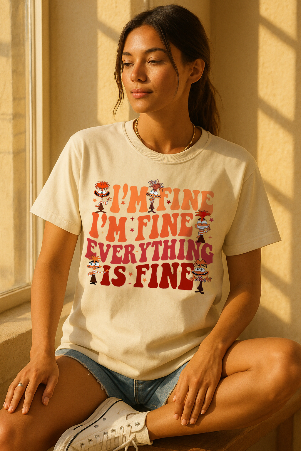 Ivory Comfort Colors 1717 shirt with sarcastic “Everything Is Fine” retro font and quirky faces