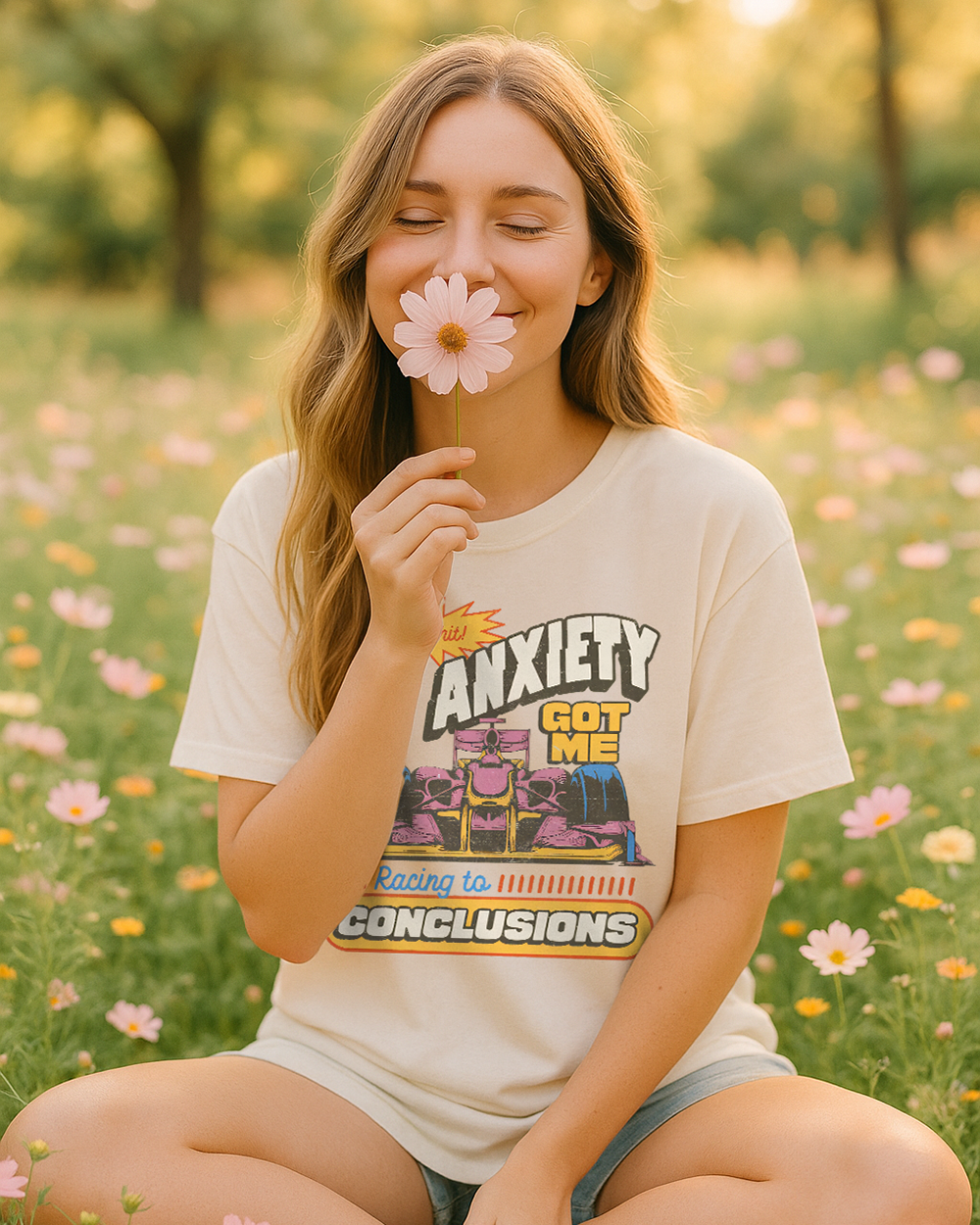 Woman wearing an ivory Comfort Colors tee with a race-themed anxiety quote and colorful car illustration