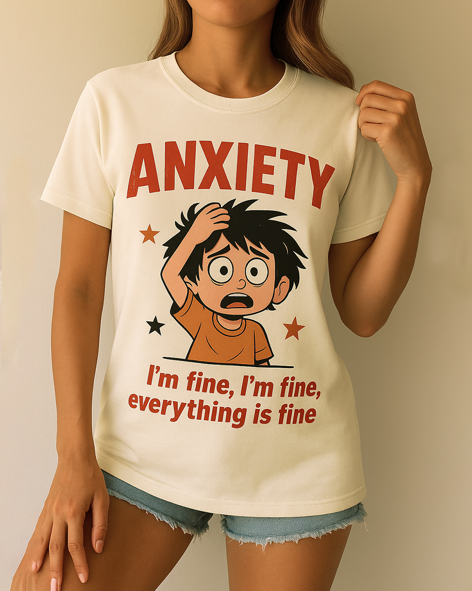 Ivory Comfort Colors 1717 shirt with big-eyed cartoon and “Everything Is Fine” saying