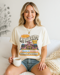 Woman wearing an ivory Comfort Colors tee with a race-themed anxiety quote and colorful car illustration