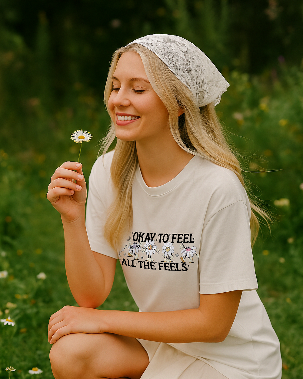 Ivory Comfort Colors 1717 shirt featuring daisy emotions and self-compassion quote.