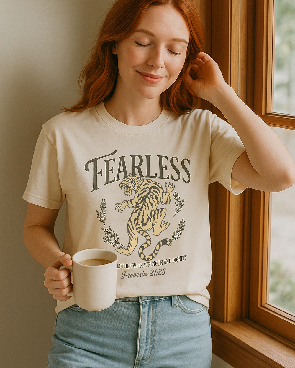 Ivory Comfort Colors 1717 shirt featuring tiger design and “Fearless – Proverbs 31:25.” Worn by woman with warm mug and gentle smile.