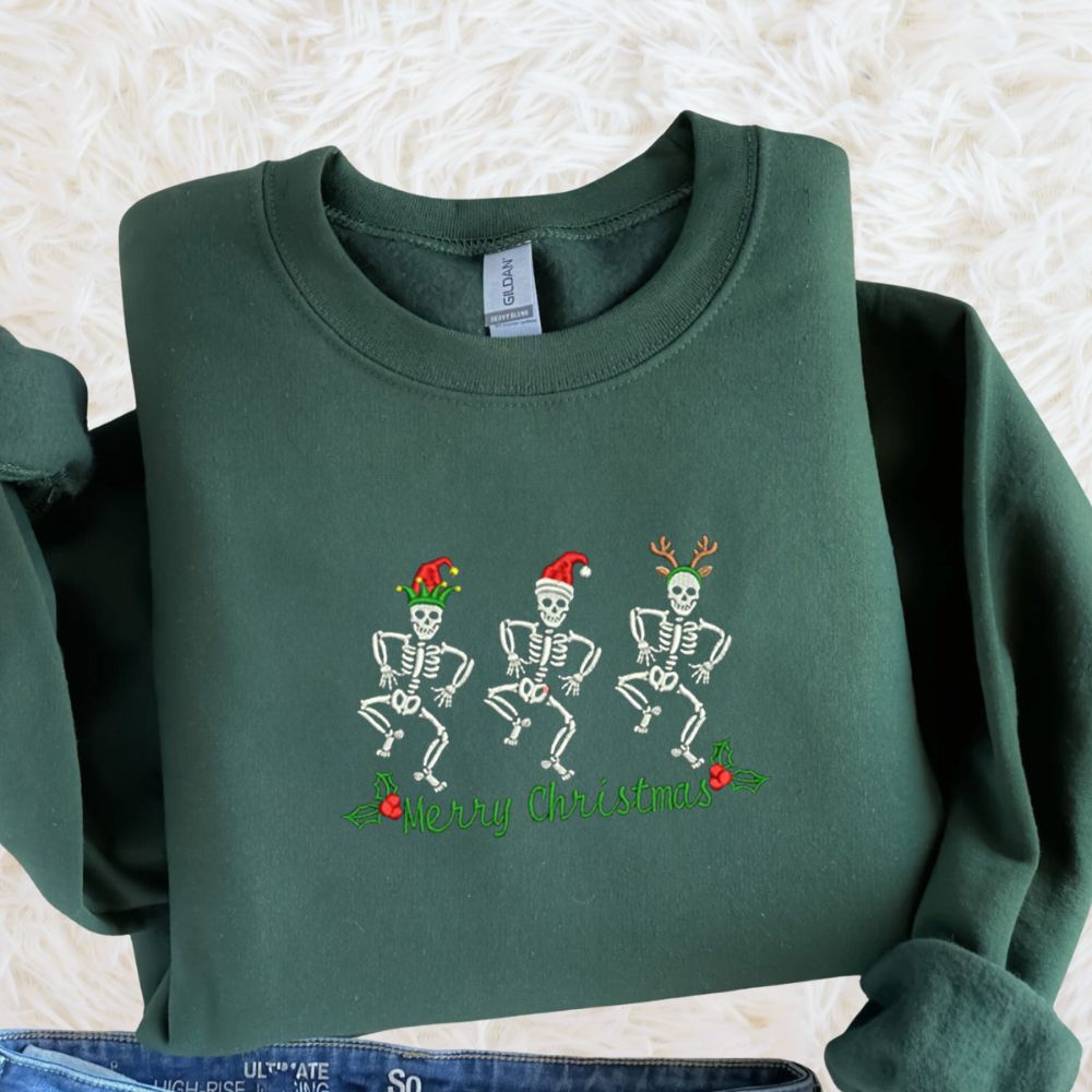 Christmas Couple Shirts Skeletons Embroidery Sweatshirt Hoodie, Funny Couples Shirts