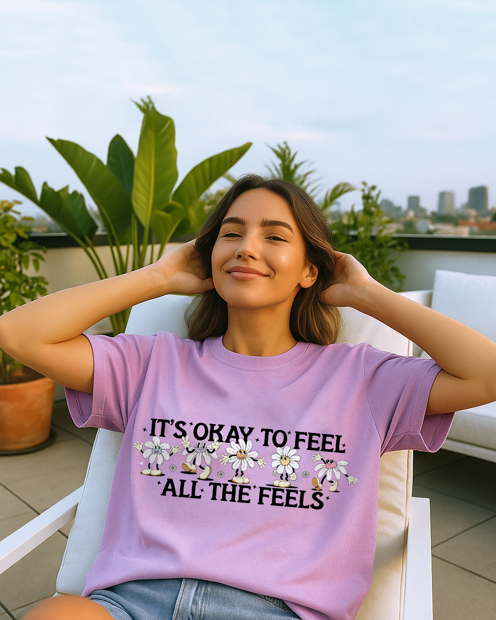 Orchid purple Comfort Colors t-shirt with mental health quote and expressive flower illustrations.