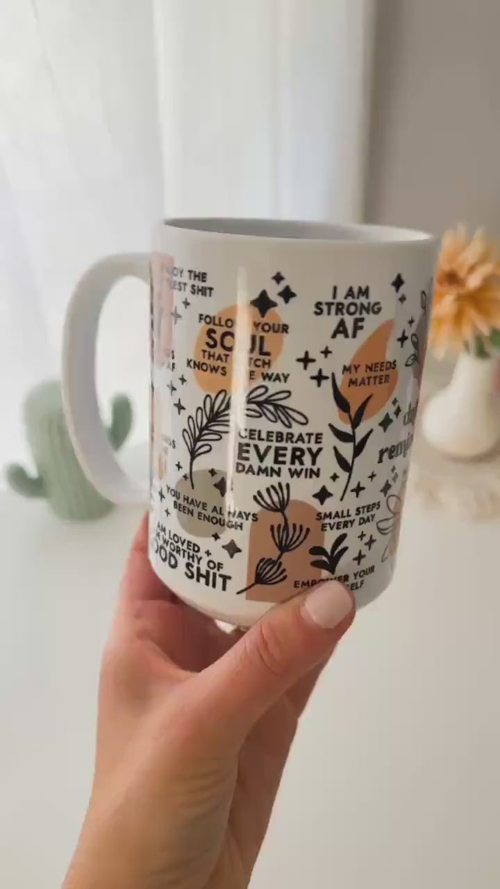 Daily Affirmation Mug 15oz – Mental Health Gift for Her, Motivational Ceramic Cup