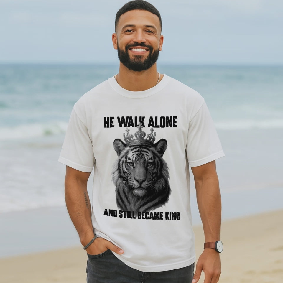 He Walk Alone King Tee, Vintage Comfort Colors 1717 Graphic Tiger Shirt for Men & Women, Bold Comfort Color Shirt for Alpha Vibes