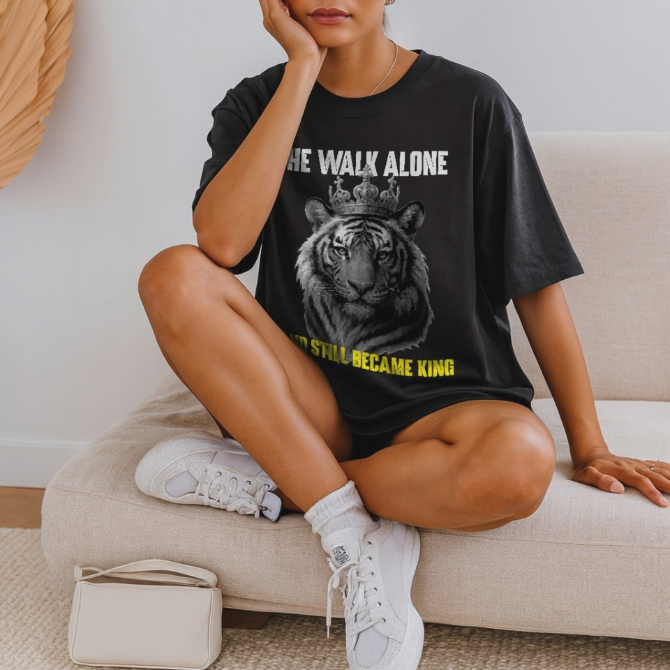 He Walk Alone King Tee, Vintage Comfort Colors 1717 Graphic Tiger Shirt for Men & Women, Bold Comfort Color Shirt for Alpha Vibes