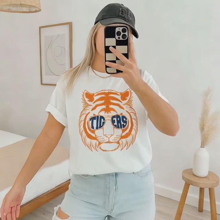 Retro Tigers Shirt, Comfort Colors Game Day Tee, Tiger Mascot Graphic T-Shirt, Blue & Orange Baseball Shirt