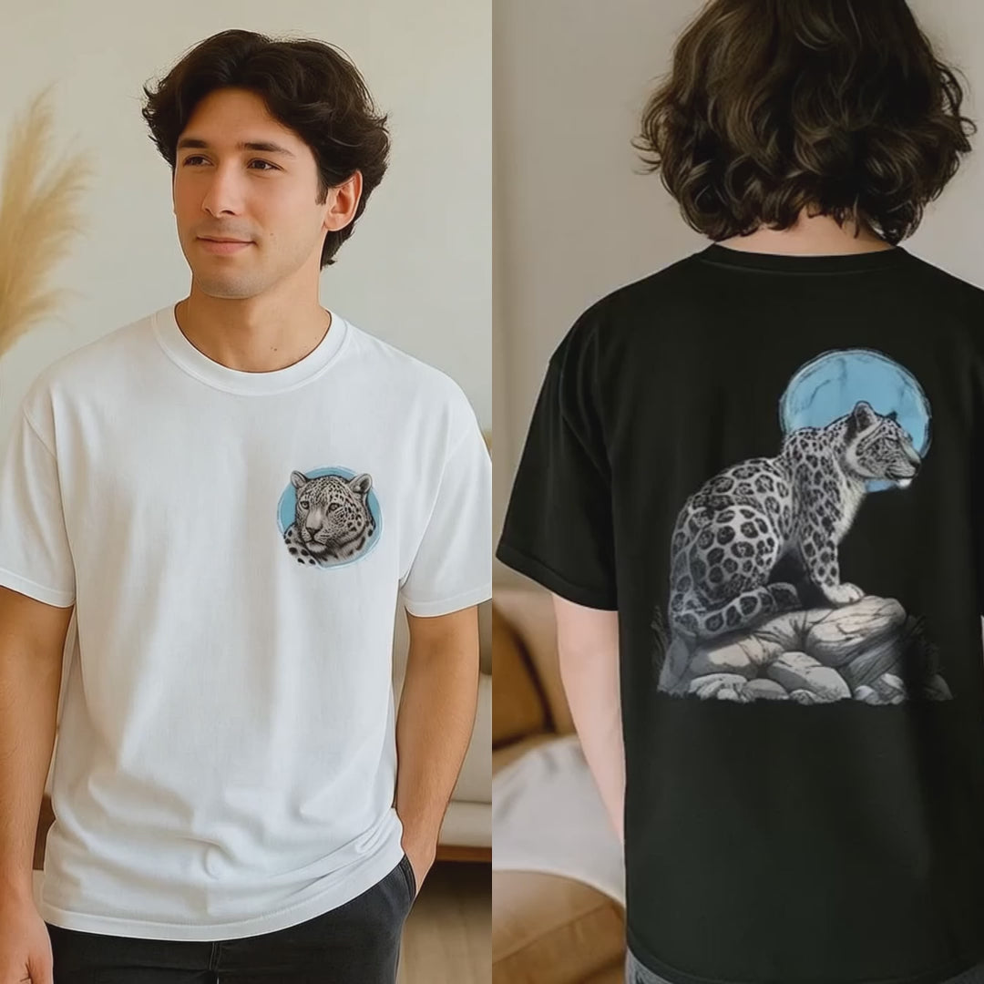 Snow Leopard Shirt, Nature Inspired Big Cat T-Shirt with Front & Back Print, Unique Animal Tee for Wildlife Lovers