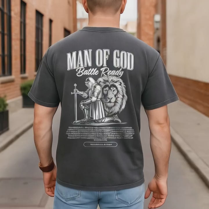 Man of God Christian Shirt, Armor of God Lion Tee, Bible Verse Ephesians 6:10–13, Faith-Based Comfort Colors 1717 T-Shirt for Men