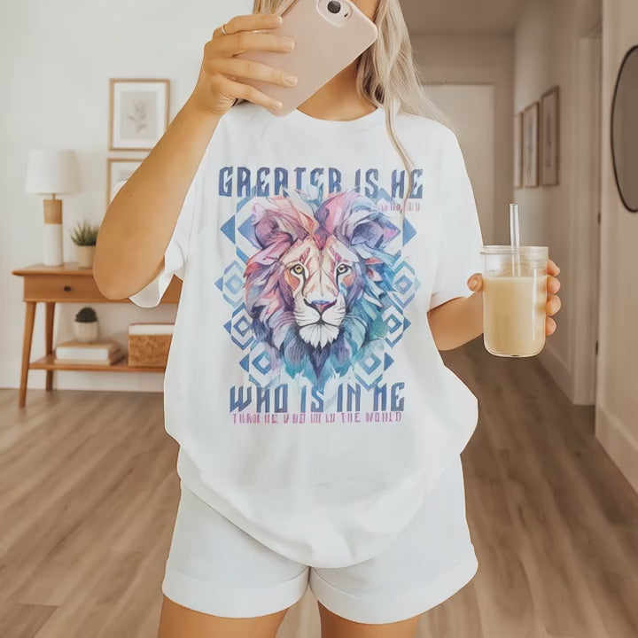 Lion of Judah Christian Shirt – Comfort Colors® 1717 | Bible Verse "Greater Is He" | Faith-Based Jesus Tee