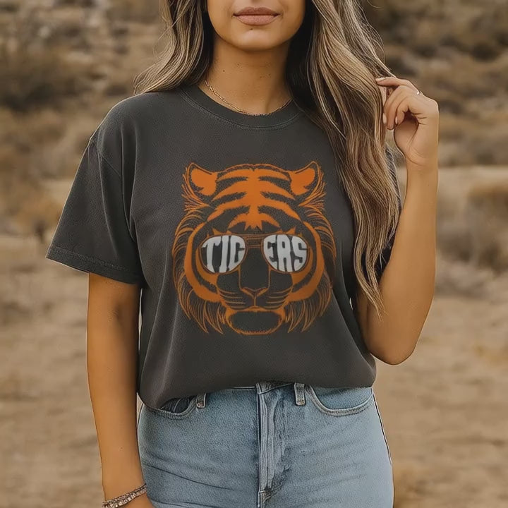 Retro Tigers Shirt, Comfort Colors Game Day Tee, Tiger Mascot Graphic T-Shirt, Blue & Orange Baseball Shirt